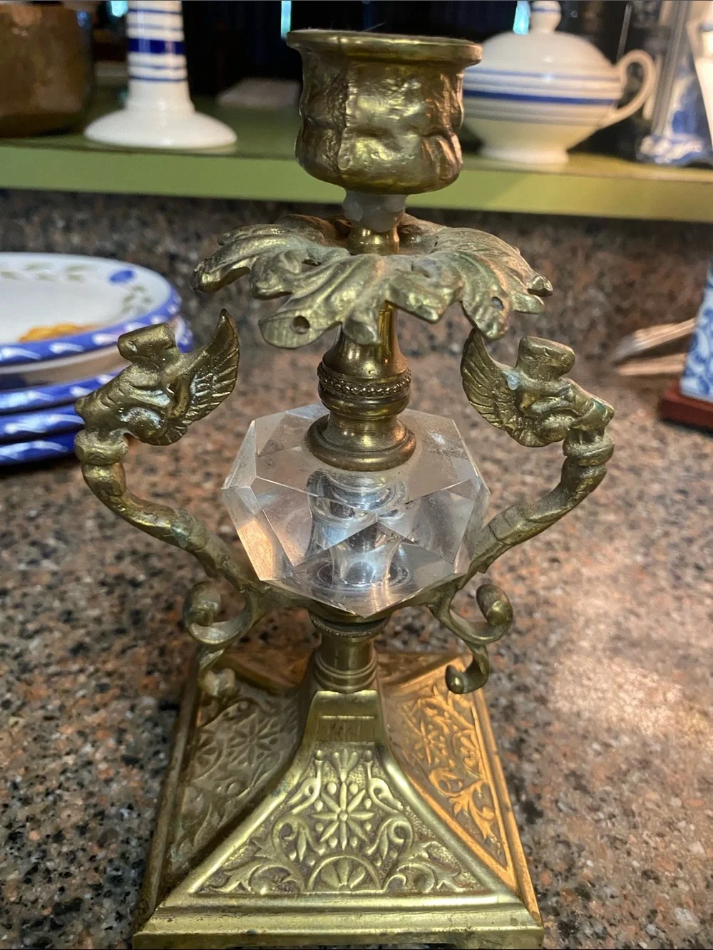 Vintage Brass & Faceted Crystal Candlestick Holders Pair